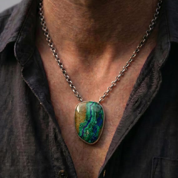 Azurite Malachite Pendant Necklace - Chunky Sterling Silver - Choose your Men's Necklace