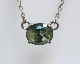 Ready to Ship - Rose Cut Moss Agate Pendant - .925 Sterling Silver - Moss Agate Prong Necklace