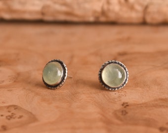 Prehnite Posts - .925 Sterling Silver - Green Post Earrings - Hammered Prehnite Earrings