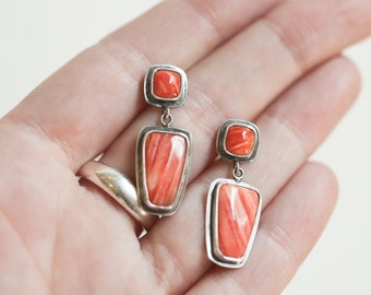 Spiny Oyster Earrings - Spiny Oyster Post Drops - Silversmith Earrings - Chili Red Earrings