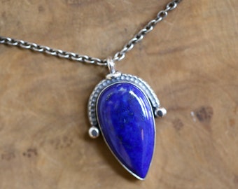 Big Blue Lapis Lazuli Pendant - Blue Sterling Silver Necklace - Silversmith Lapiz Lazuli Pendant
