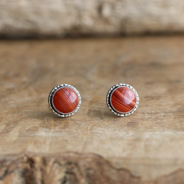 Red Agate Hammered Posts - Red Agate Studs - Red Agate Earrings - Silversmith Posts