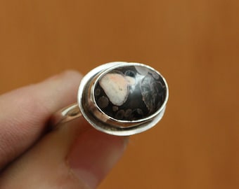 Black Fossil Ring - East West Fossil Ring -  Silversmith Ring - Boho Ring - Natural Fossil