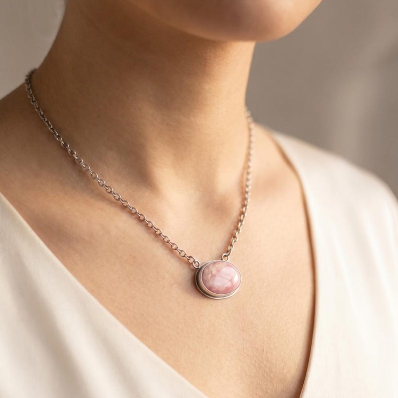 Sterling Silber Pink Opal Halskette - East West Anhänger - Wählen Sie Ihren Stein Bild 1