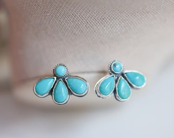 Turquoise Lotus Posts - Multi-Stone Turquoise Fan Earrings - 8 Stone Turquoise Studs - Sterling Silver