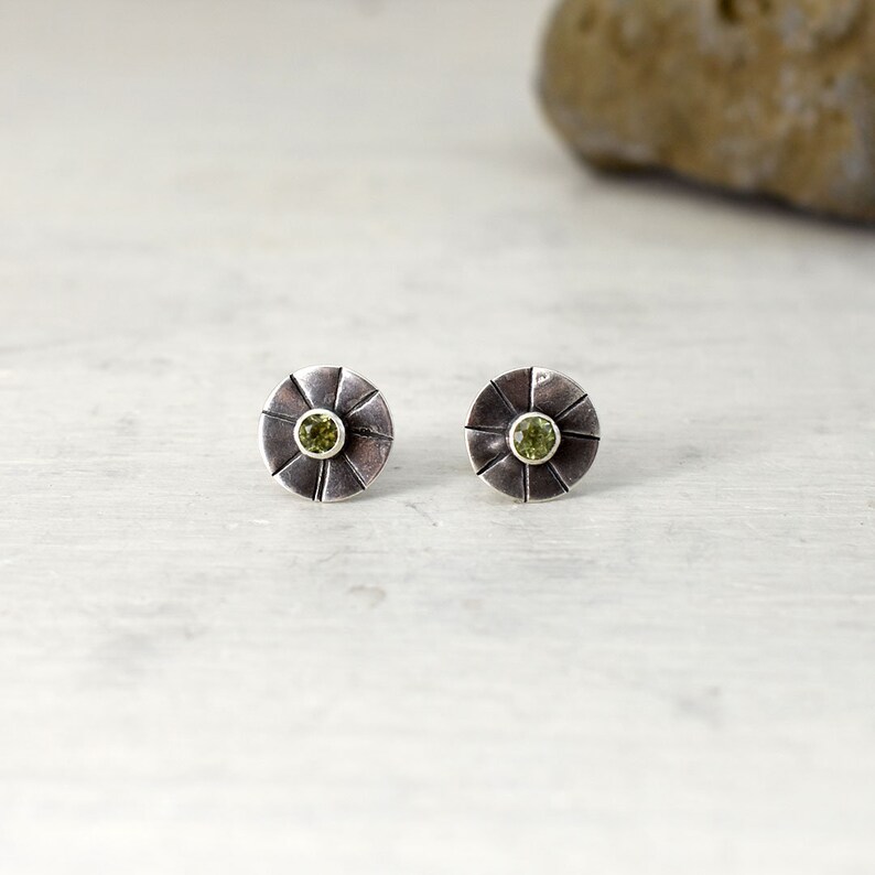 Sunburst Earrings in Peridot August Birthstone Peridot Studs Sterling Silver Posts