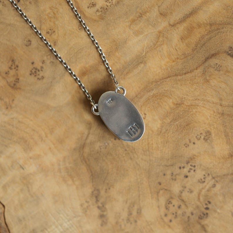May include: A silver necklace with an oval pendant. The pendant has the initials "LBT" engraved on it. The chain is a delicate silver chain. The background is a wooden surface.