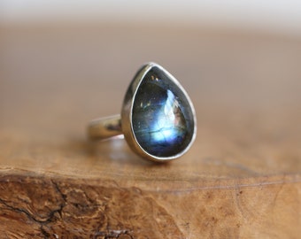 Big Labradorite Ring - .925 Sterling Silver - Choose your Own - Flashy Labradorite Pear