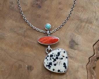 Dalmation Jasper Spiny Oyster Turquoise Pendant - 3 Stone Pendant - Includes Chain