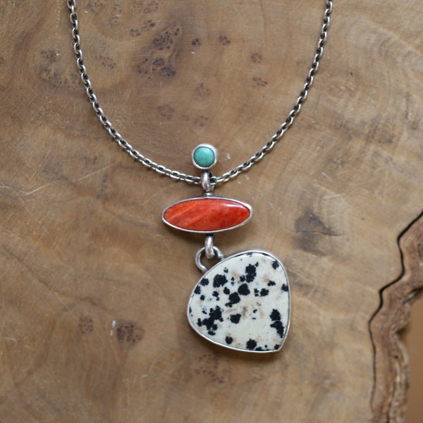 Dalmation Jasper Spiny Oyster Turquoise Pendant - 3 Stone Pendant - Includes Chain