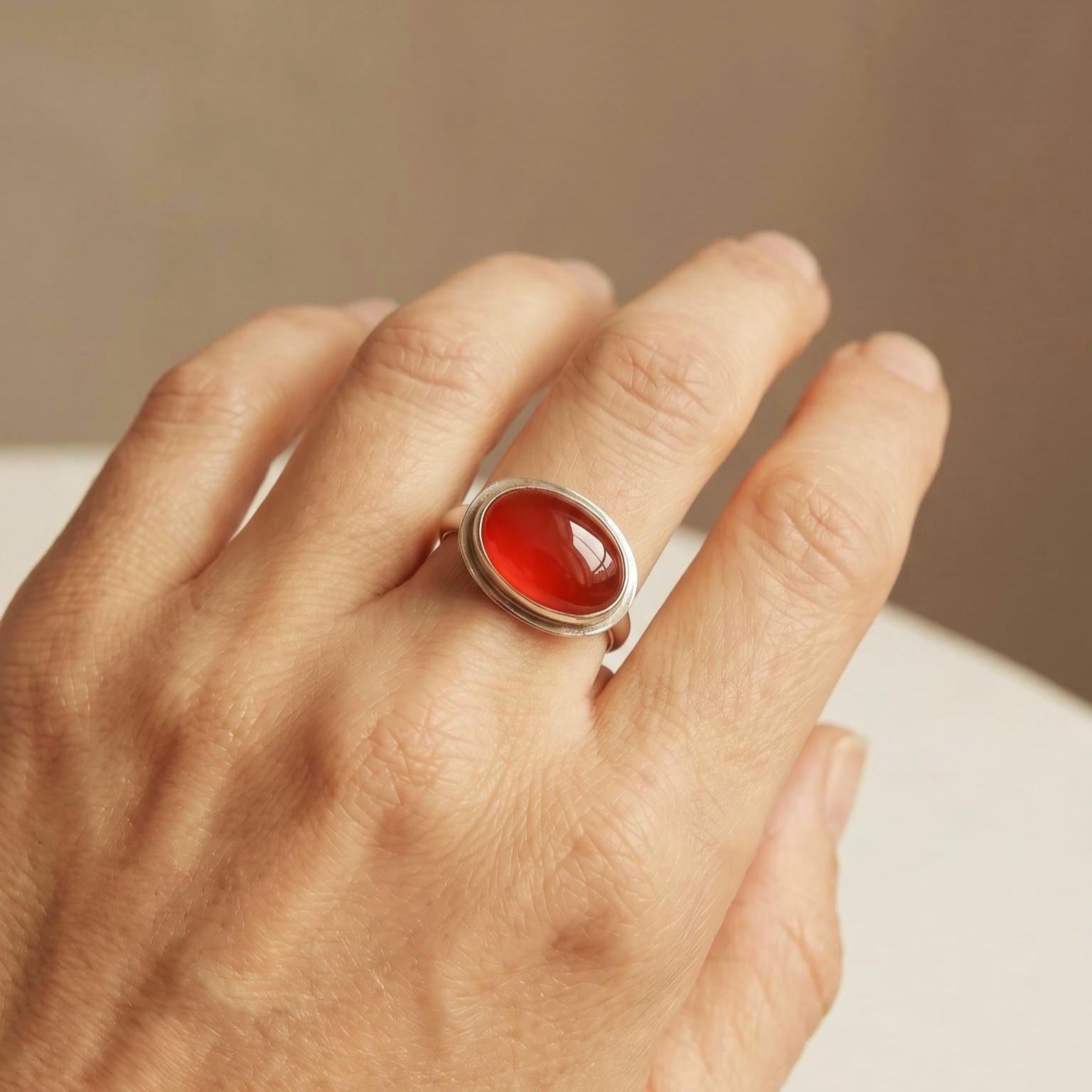 Orange Carnelian Sterling Silver Ring - East West Oval Silversmith