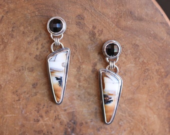 Dendtrite & Black Agate Post Drops - .925 Sterling Silver - Two Stone Earrings - Ready to Ship - OOAK
