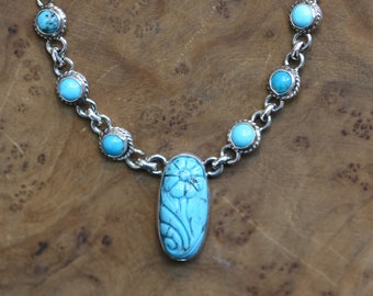 Floral Carved Turquoise Necklace Sterling Silver - 7 Stone Kingman Turquoise Necklace