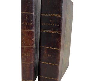 Antika walesiska böcker från Y Drysorfa, 1859-60 och 1864, läderbundna volymer, walesiska, viktorianska marmorerade skivor