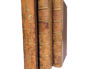1800s German Leather Book Set: Antique Calligraphy Writing, Shelf Decor