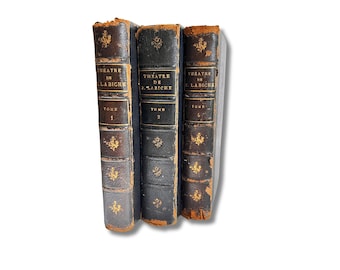 1800s French Leather Book Set: Antique Shelf Decor