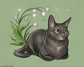 Pode incluir: Uma ilustração digital de um gato cinzento com olhos cor de âmbar em posição de repouso, rodeado por flores brancas de lírio-do-vale e folhas verdes num fundo verde sálvia. O texto Lilyanne's Canvas está no canto.