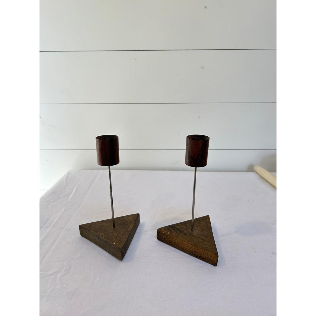 Mid Century Modern Wood Metal Candlestick Holders Set of 2 Triangle ...
