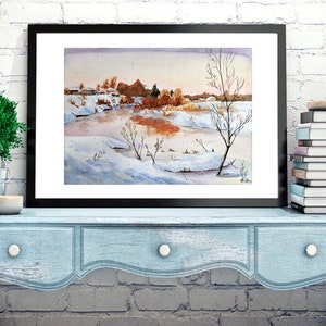 Winter river, winter painting,landscape with river, original watercolor
