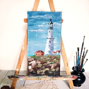 painting with a lighthouse, lighthouse painting, marine painting, miniature in frame, lighthouse, oil miniature