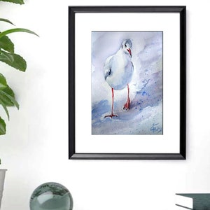 Seagull watercolor, seascape with bird, seagull on the beach 7.5&quot;x10&quot;