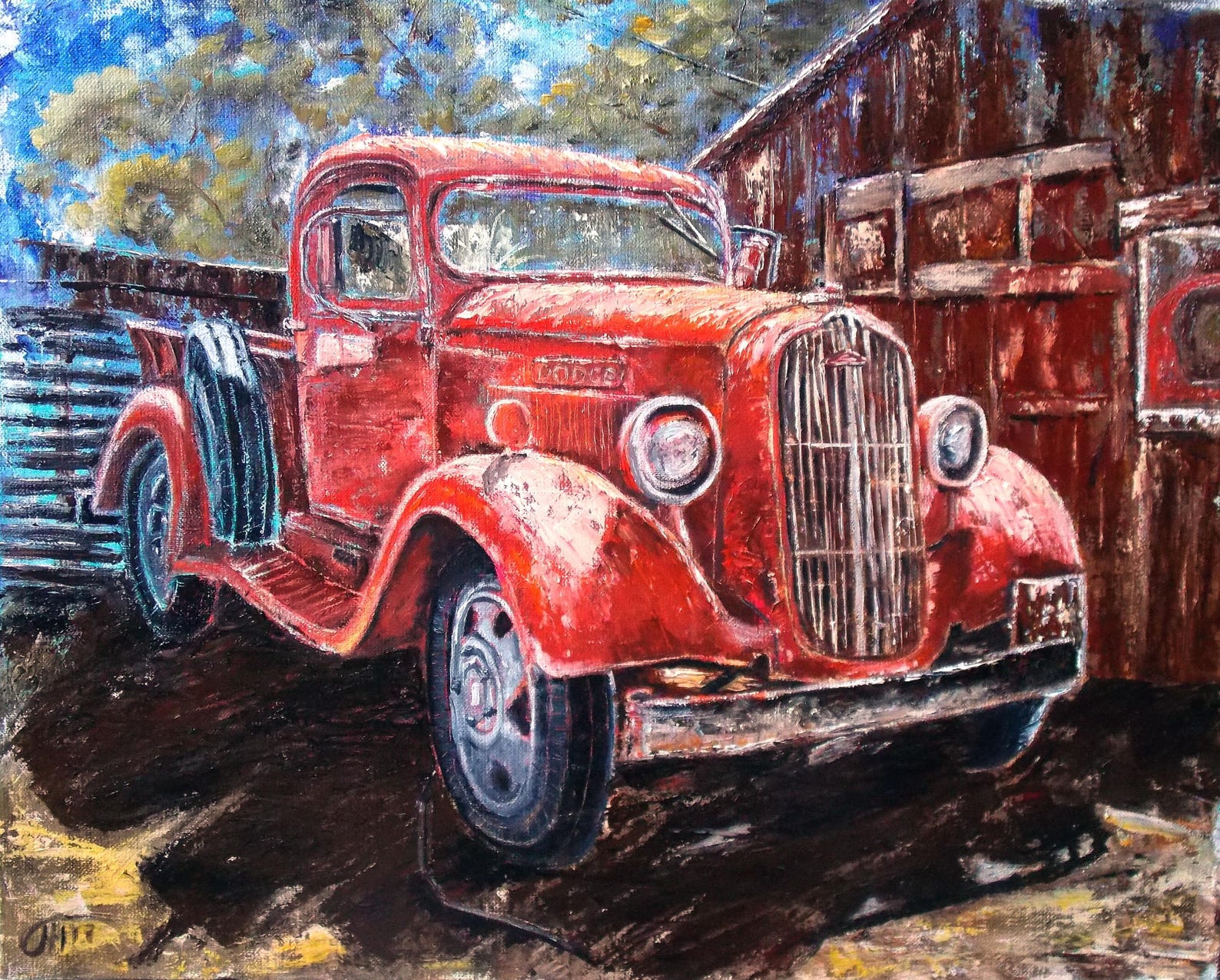 Red Car Dodge Retro Car Oil Painting Original Painting Painting On red-car-dodge-retro-car-oil-painting-original-painting-painting-on