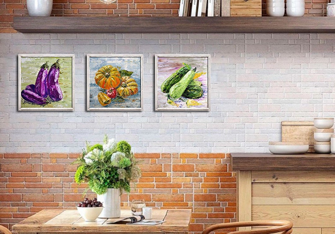 Vegetable Painting, 3 Paintings for the Kitchen, Zucchini, Eggplant ...