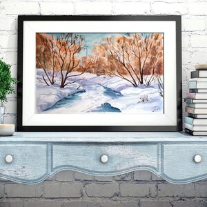 Winter painting, winter river, landscape with river, original watercolor