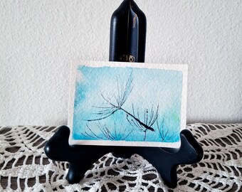 ACEO watercolor card, blue dandelion 2,5" x 3,5"