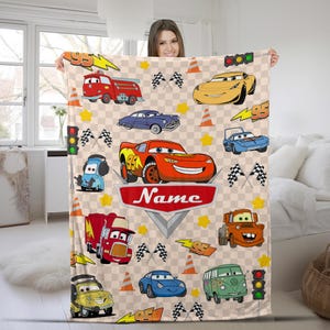 Personalized Disney Cars Blanket, Custom Name Cars Blanket, Lightning Mcqueen Sally Tow Mater Characters Blanket, Cars Birthday Gifts KCUU23