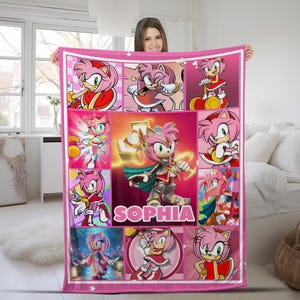 Custom Amy The Hedgehog Blanket, Personalized Cartoon Hedgehog Minky Sherpa Blanket, Custom Name Blanket, Sonic Blanket, Birthday UM3I13