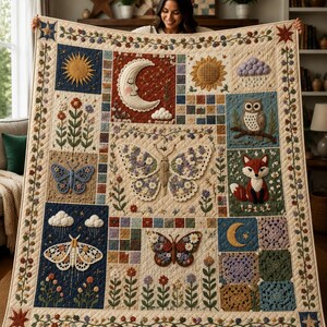 May include: A large rectangular quilt featuring a cream-colored background with a grid of squares. The quilt displays textured, three-dimensional crochet appliques including a large central butterfly, a crescent moon, a fox, an owl, and flowers.
