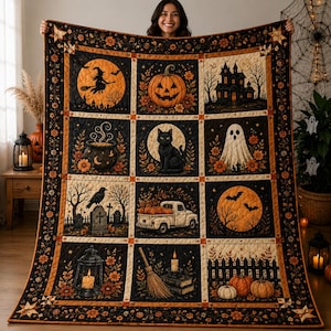 Spooky Halloween Patchwork Quilt Blanket, Pumpkin Ghost Black Cat Throw, Autumn Home Decor URD-OZE02