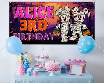 Mickey and Minnie Halloween Birthday Banner, Mickey's not so spooky Pumpkin Head Birthday Halloween Banner SJ1B20