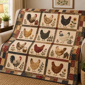 May include: A patchwork quilt featuring a grid of twelve square panels, each displaying a different chicken or rooster illustration. The quilt is bordered by a multi-colored checkered pattern in shades of red, blue, and brown, with cream-colored fabric.