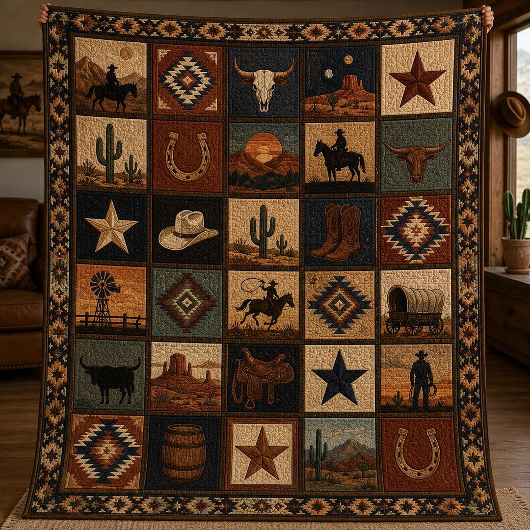 Western Cowboy Quilted Blanket, Southwest Quilt, Rustic Ranch Throw, Cowboy Decor, Western Bedding, Country Home Gift AYE223