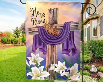 He Is Risen Religious Garden Flag/Happy Easter Decor/Easter Cross Garden Flag Double Sided/He Is Risen Flag/Easter Garden Flag OGQT28