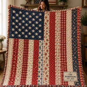 May include: A quilted throw blanket featuring a patchwork design of the American flag. The blue canton displays white stars, while the stripes consist of alternating red, white, and blue floral and gingham patterns. A label reads THE ROBINSON EST. 2026.