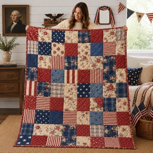 May include: A patchwork quilt featuring a repeating grid of square fabric blocks in red, white, and blue. The design incorporates various patterns including floral prints, thin stripes, small stars, and plaid textures, all stitched together with a quilted finish.