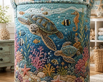 Quilted Laundry Bag, Sea Turtle Hamper Basket, Ocean Coastal Decor, Marine Life Storage Bin, Beach House Organizer ORD-YTI03