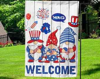 Welcome 4th of July Garden Flag, Patriotic Gnomes, Independence Day Yard Decor, USA Porch Flag UMXI12
