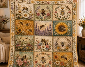 Cottagecore Honey Bee Quilt Blanket, Faux Patchwork Wildflower Bedding, Cozy Bee Lover Throw Gift URD-OZZ09