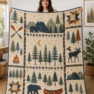 Rustic Woodland Quilt Blanket, Bear Moose Forest Cabin Bedding, Cozy Mountain Cottagecore Throw Blanket UARENQB06