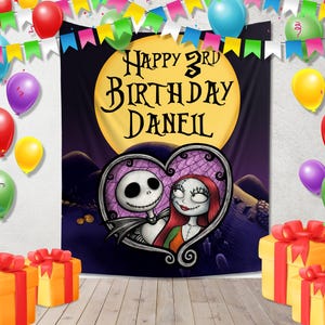 Jack Skellington Personalized Banner, Custom Happy Birthday Party Backdrop, Halloween Birthday Decoration SKYK06