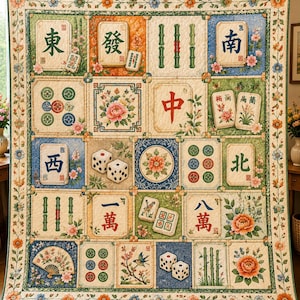 Mahjong Quilt Blanket, Personalized Game Night Throw, Floral Mahjong Tile Bedding, Gift for Mahjong Lovers and Friends ORD-TTI36