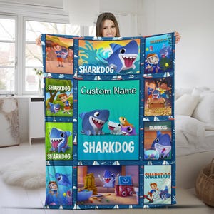 Sharkdog Movie Personalized Bedding, Max Shark Dog Custom Name Blanket Birthday, Shark Dog Party Theme, Shark Cartoon Blanket SKXZ45