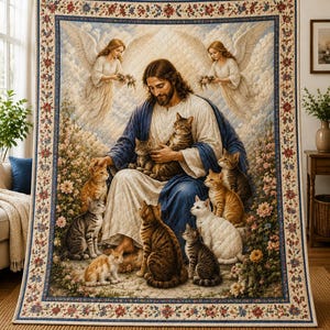 Jesus and Cats Quilt Blanket, Christian Cat Lover Throw, Faith Inspired Floral Bedding, Religious Gift for Pet Owners ORD-TTI23
