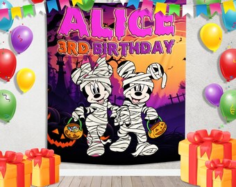 Mickey and Minnie Halloween Birthday Banner, Mickey's not so spooky Pumpkin Head Birthday Halloween Banner SJ1B20