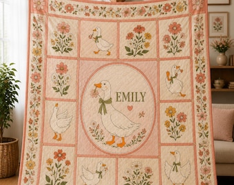 Coquette Floral Silly Goose Quilted Blanket, Cute Pink Bow Goose Throw Blanket, Cozy Cottagecore Gift UARENQB25