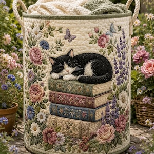 May include: A cylindrical quilted fabric laundry hamper featuring a black and white cat sleeping on a stack of four books. The exterior is decorated with embroidered floral patterns, including roses and lavender, and two rope handles.